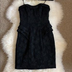 black cocktail dress, Jacquard print, strapless